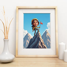 Framed cartoon print of a female hiker on mountain peak for Karykatura podróżniczki górskiej i alpinistki