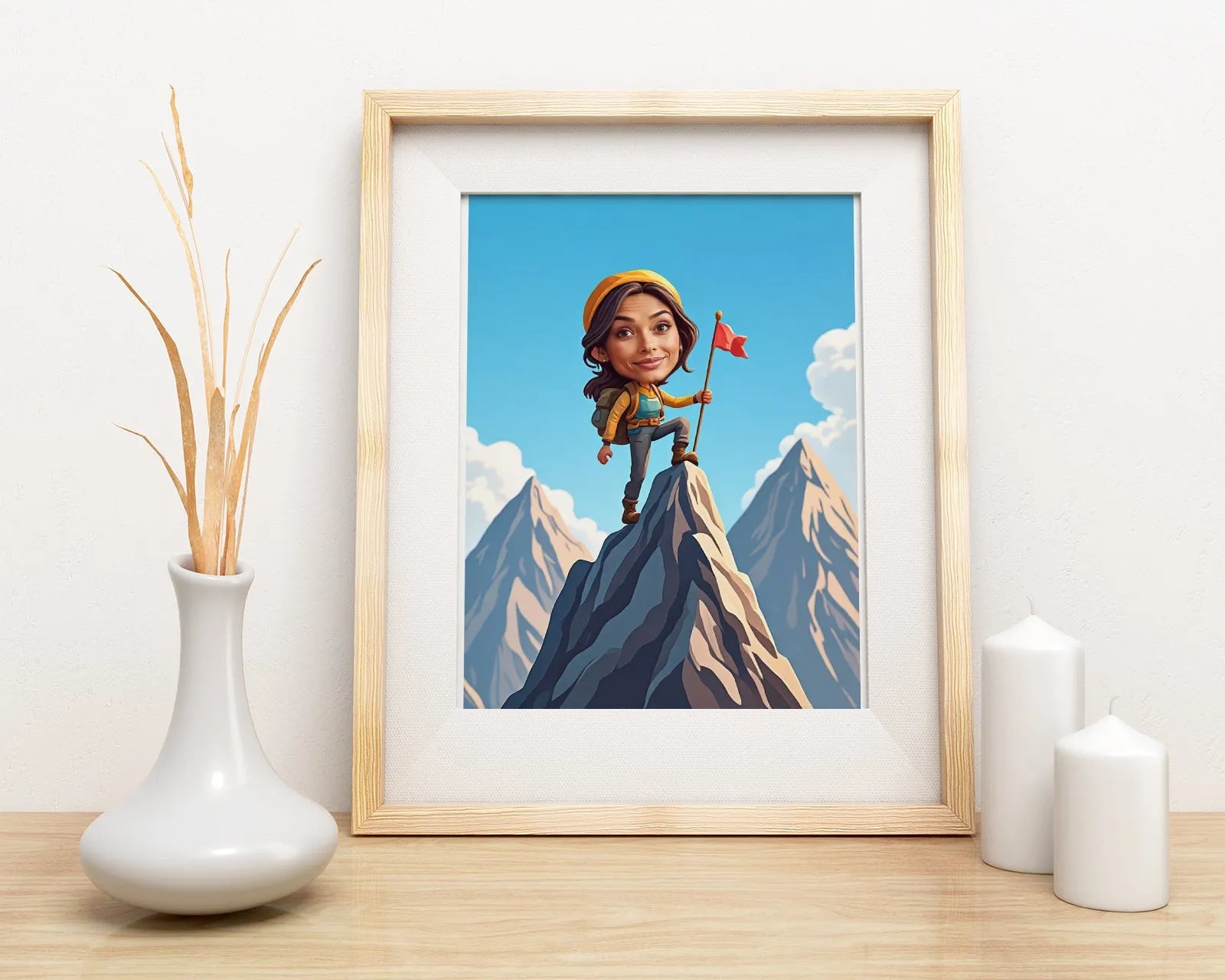 Framed cartoon print of a female hiker on mountain peak for Karykatura podróżniczki górskiej i alpinistki