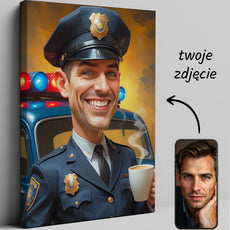 Karykatura policjanta w stylu rysunku karykaturalnego przedstawiająca funkcjonariusza