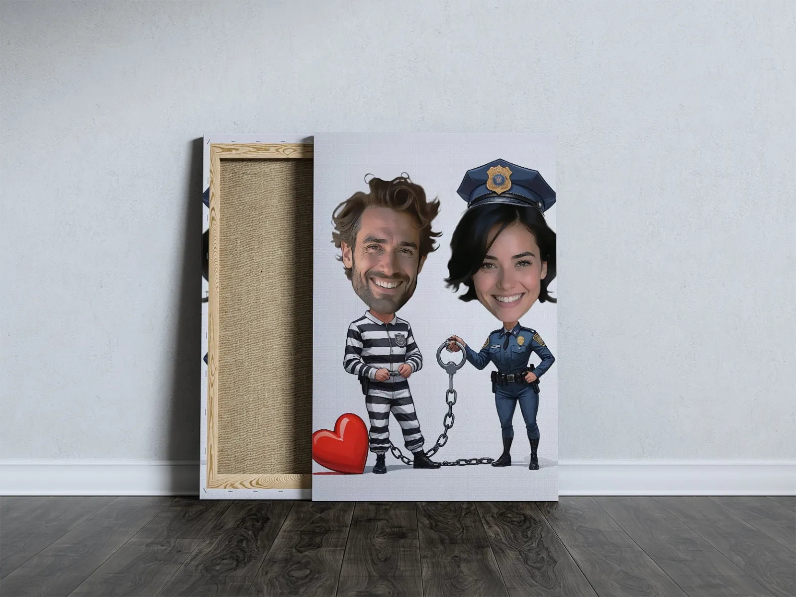 Humorystyczna karykatura Policjantki i Złodzieja na płótnie jako prezent rocznicowy