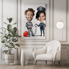 Humorystyczna karykatura na płótnie Policjantka i Złodziej na rocznicę małżeństwa