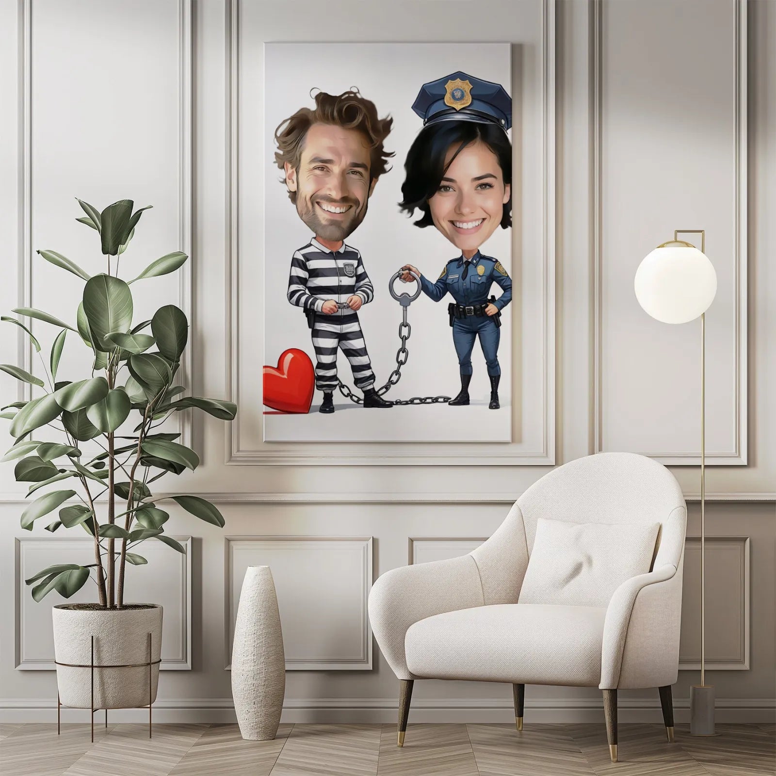 Humorystyczna karykatura na płótnie Policjantka i Złodziej na rocznicę małżeństwa