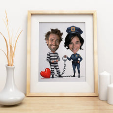 Framed caricature print of Policjantka i Złodziej, perfect anniversary gift for couples