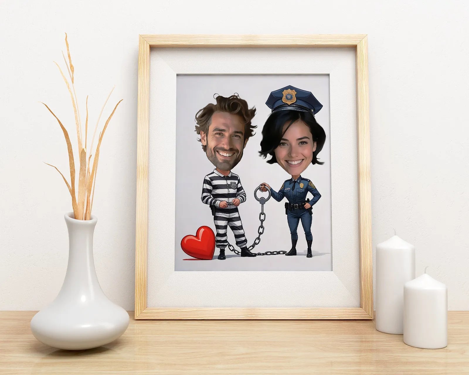 Framed caricature print of Policjantka i Złodziej, perfect anniversary gift for couples