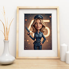 Framed caricature of female police officer with handgun and glowing 45 numbers in background