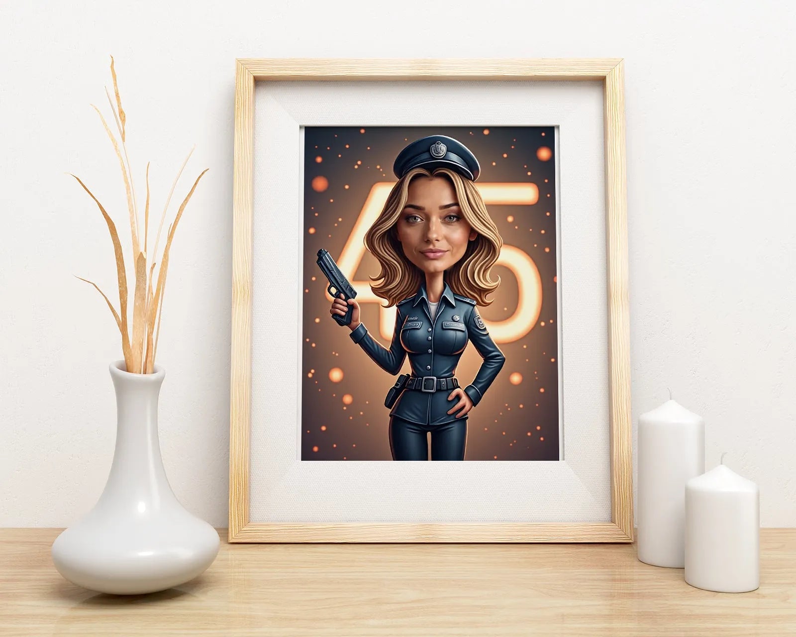 Framed caricature of female police officer with handgun and glowing 45 numbers in background
