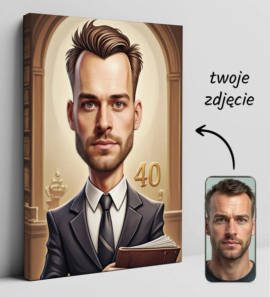 Karykatura prawnika na płótnie, idealny prezent urodzinowy dla prawnika