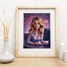 Framed cartoon-style portrait of a woman working at a computer for Karykatura programistki
