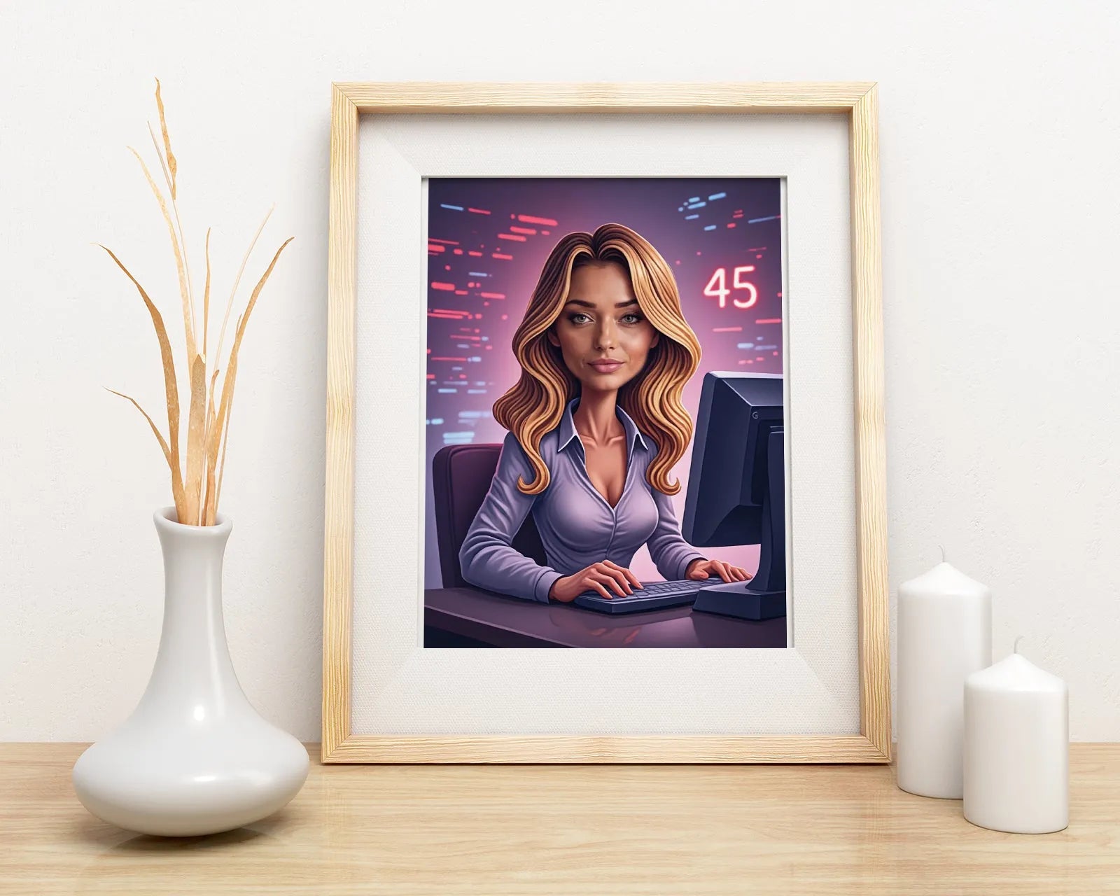Framed cartoon-style portrait of a woman working at a computer for Karykatura programistki