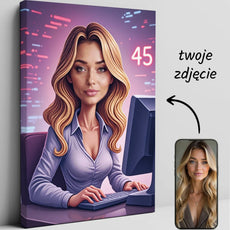 Karykatura programistki na płótnie, kobieta z blond włosami, siedzi przy komputerze