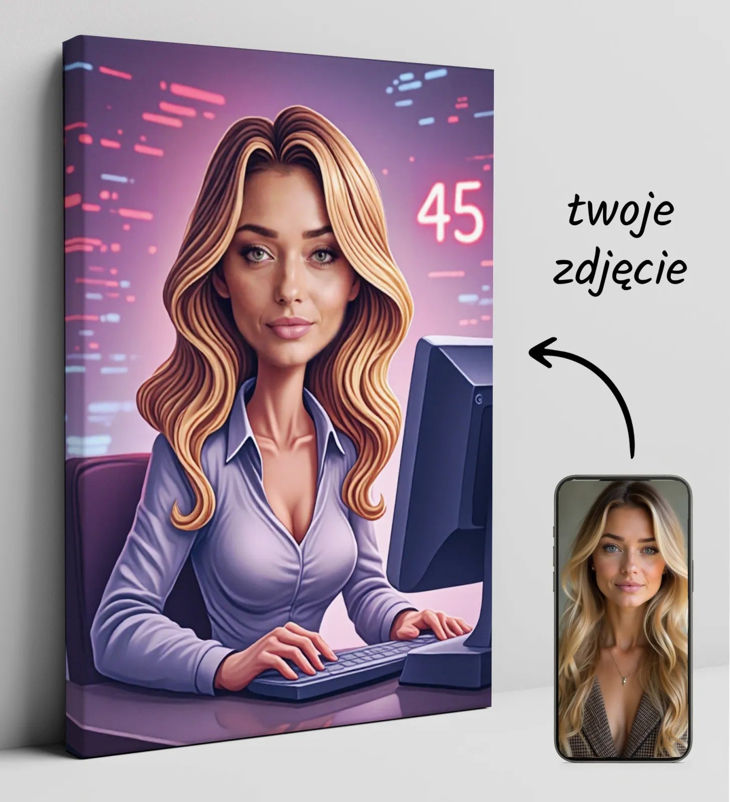 Karykatura programistki na płótnie, kobieta z blond włosami, siedzi przy komputerze