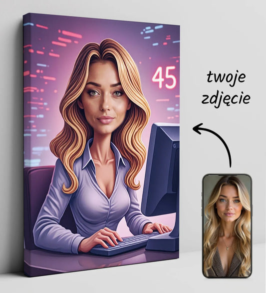 Karykatura programistki na płótnie, kobieta z blond włosami, siedzi przy komputerze