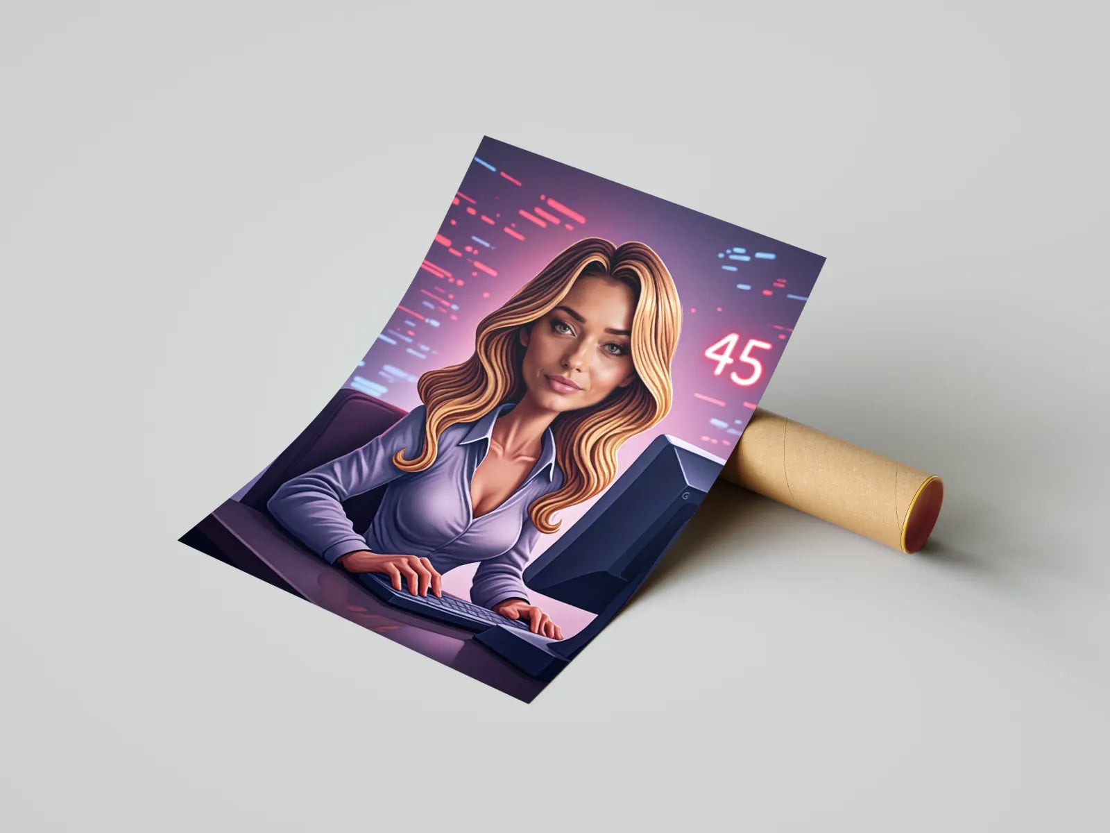 Kolorowy plakat z stylizowaną kobietą przy komputerze, idealny na 45 urodziny