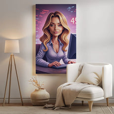 Framed portrait of blonde woman in purple shirt typing on keyboard at desk