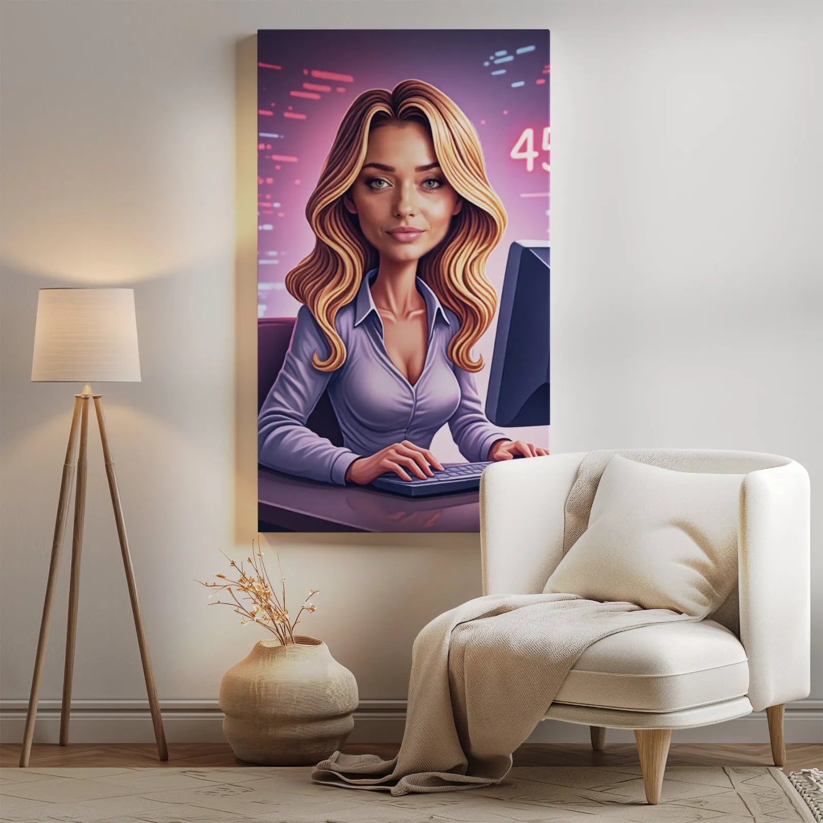 Framed portrait of blonde woman in purple shirt typing on keyboard at desk