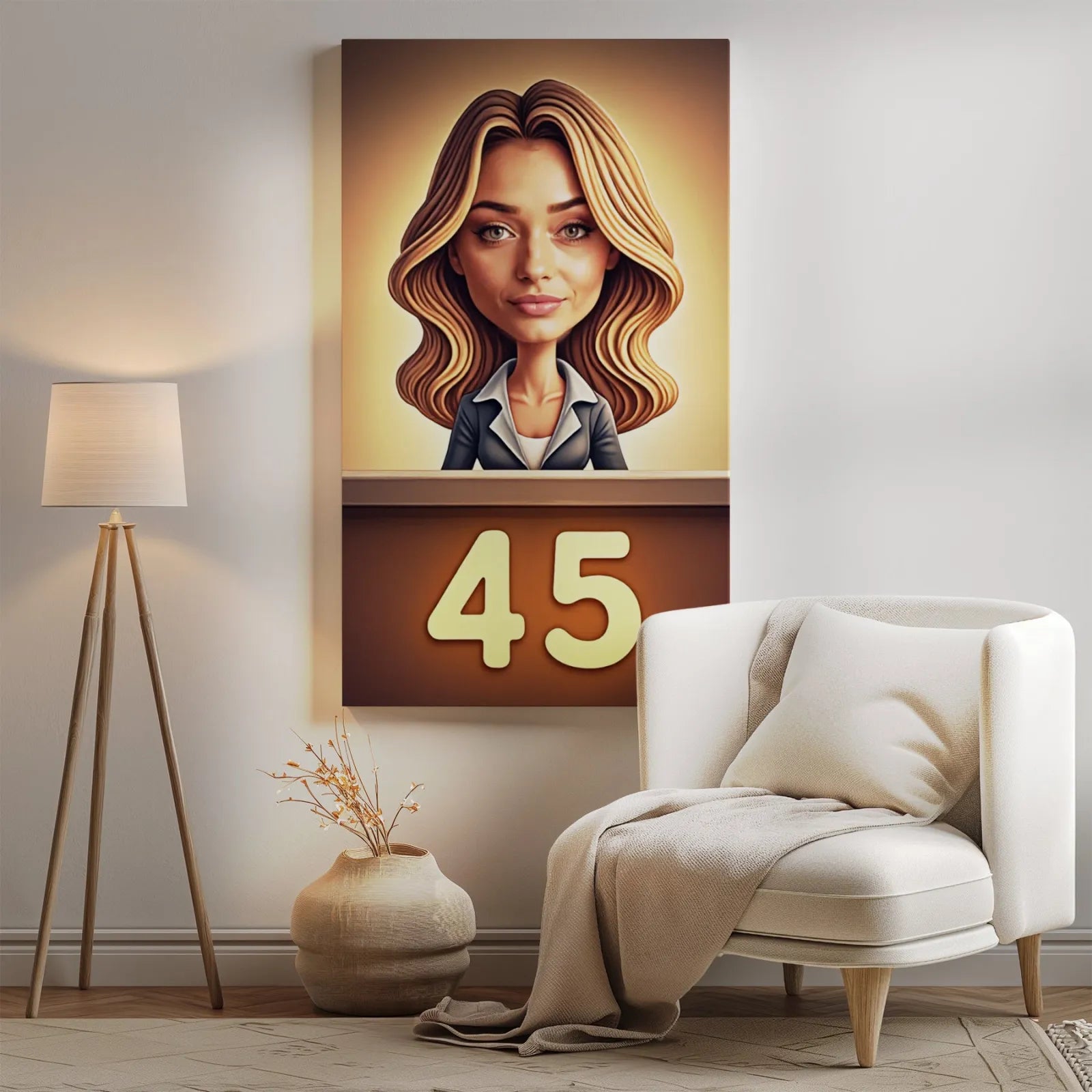 Framed portrait of a woman with long wavy blonde hair in business suit with number 45