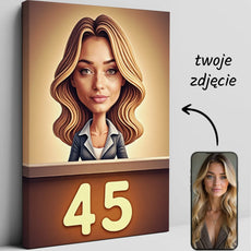 Personalizowany obraz na płótnie z karykaturą recepcjonistki i numerem 45