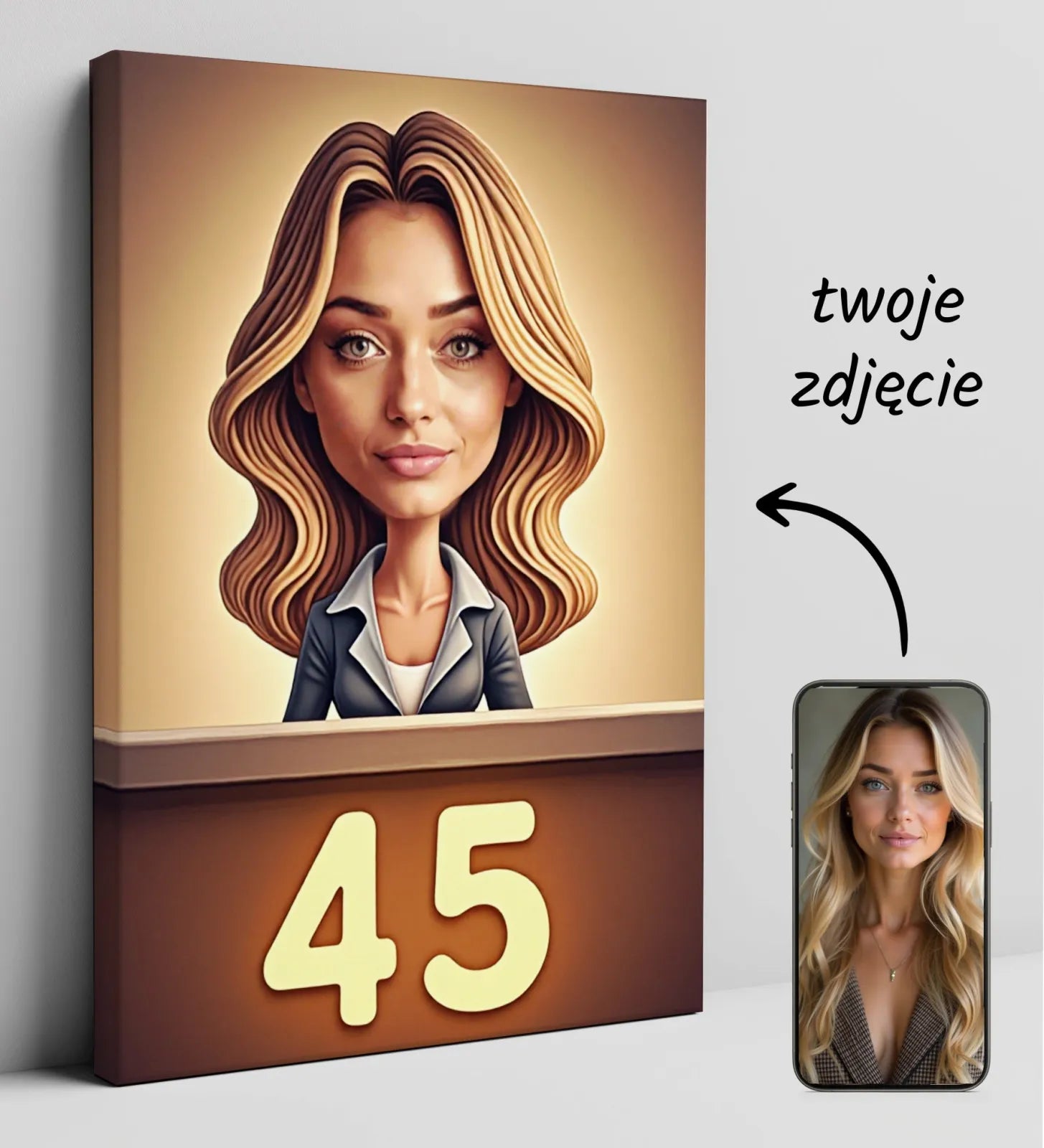Personalizowany obraz na płótnie z karykaturą recepcjonistki i numerem 45