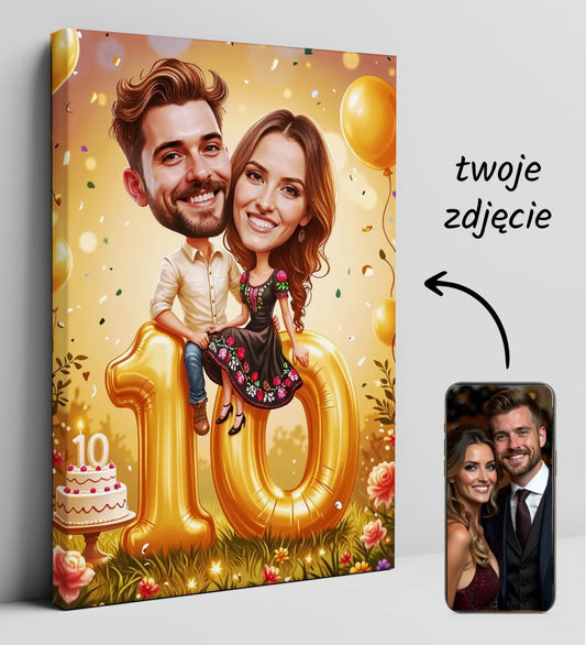 Karykatura na rocznicę małżeństwa z liczbą 10 w bajkowym stylu na płótnie