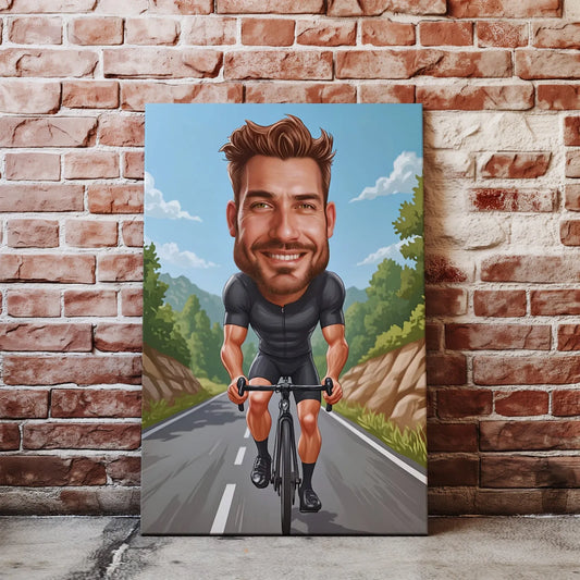 Karykatura na rowerze - kolorowy portret rowerzysty w stylu kreskówkowym