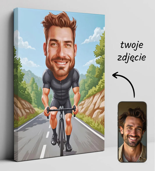 Personalizowana karykatura rowerzysty na płótnie jako idealny prezent