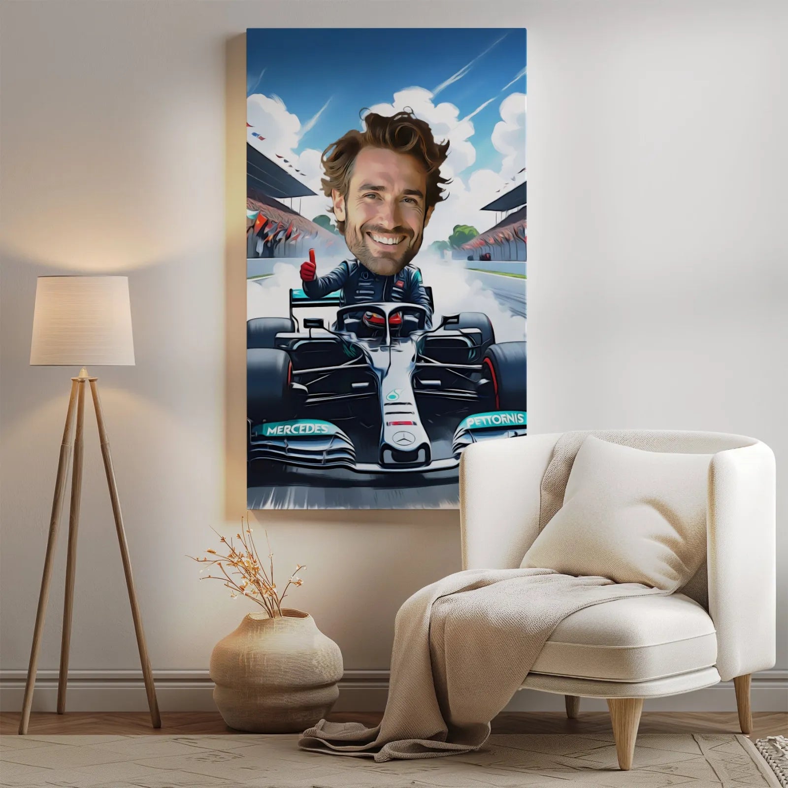 Karykatura w samochodzie Formuła 1 na canvas dla fana F1