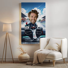 Karykatura w samochodzie Formuła 1 na canvas dla fana F1