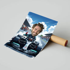 Karykatura kierowcy Formuły 1 w prezencie dla fana F1, kolorowy drukowany plakat