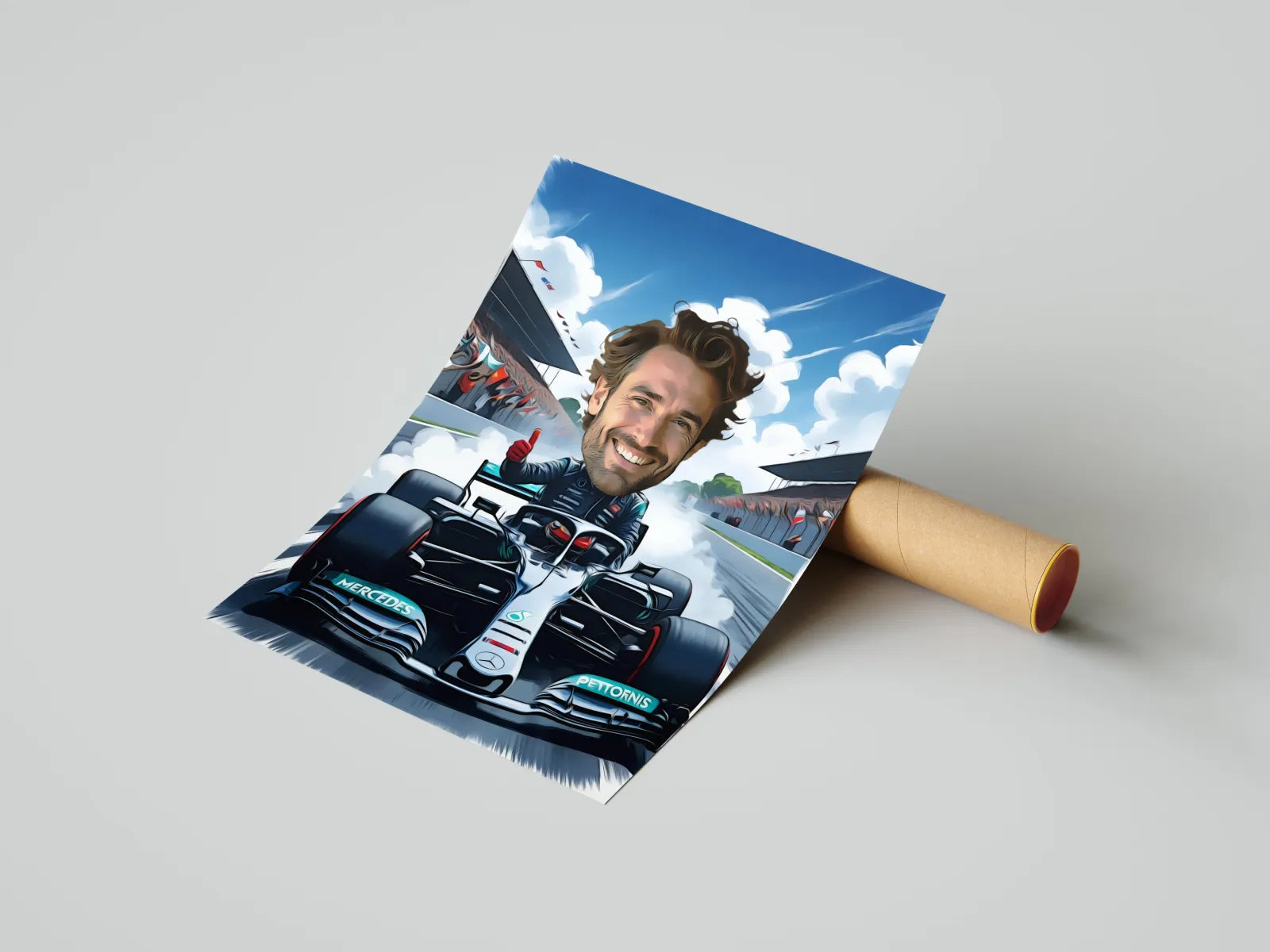 Karykatura kierowcy Formuły 1 w prezencie dla fana F1, kolorowy drukowany plakat