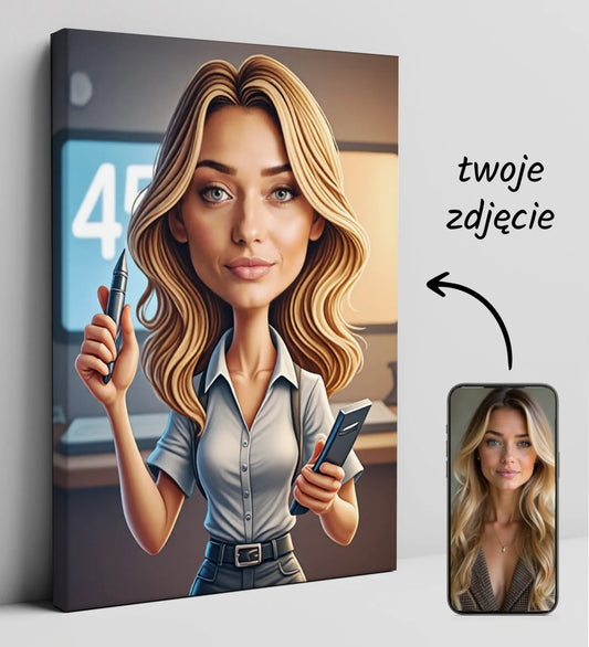 Karykatura sekretarki zabawny prezent na urodziny - cartoon portret kobiety na fotografia