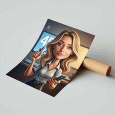 Rolowany plakat z kreskówkową sekretarką z blond włosami, trzymającą tablet i długopis