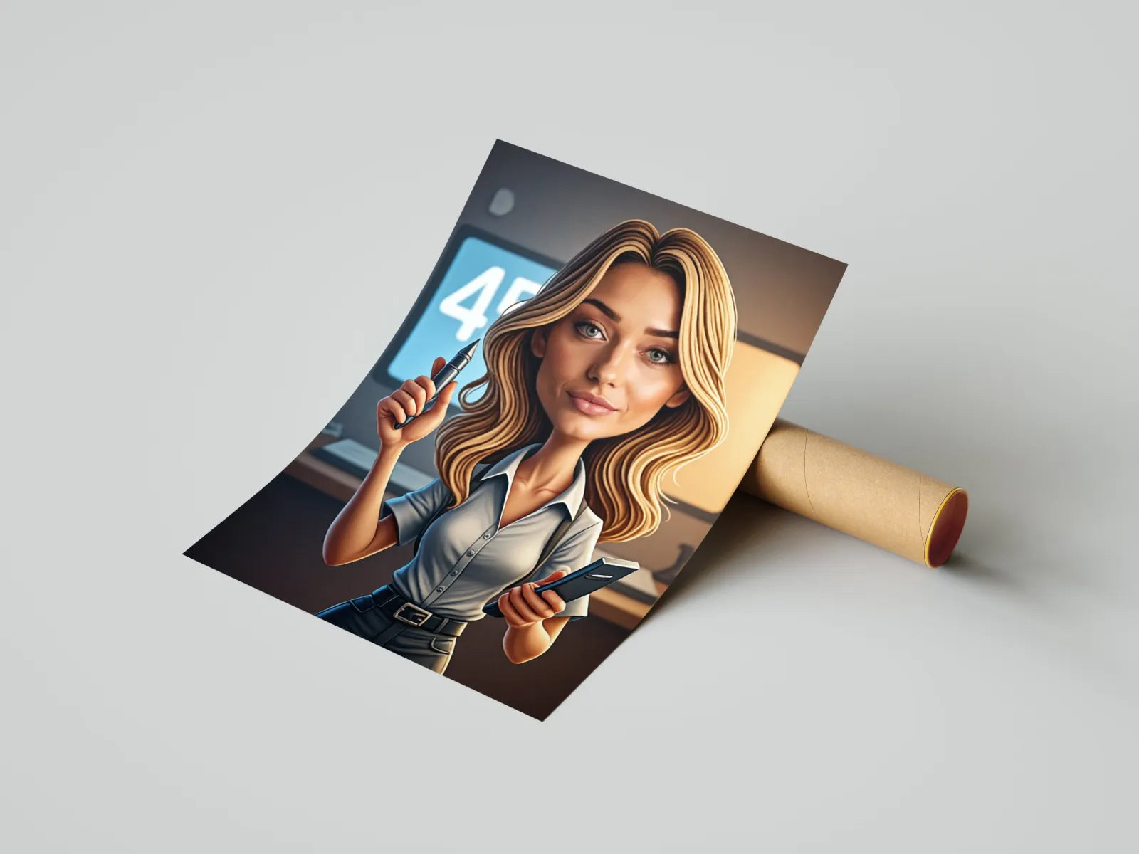 Rolowany plakat z kreskówkową sekretarką z blond włosami, trzymającą tablet i długopis