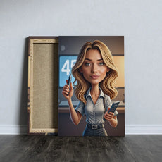 Karykatura sekretarki zabawny prezent na urodziny, cartoon canvas print of blonde woman with pen and smartphone