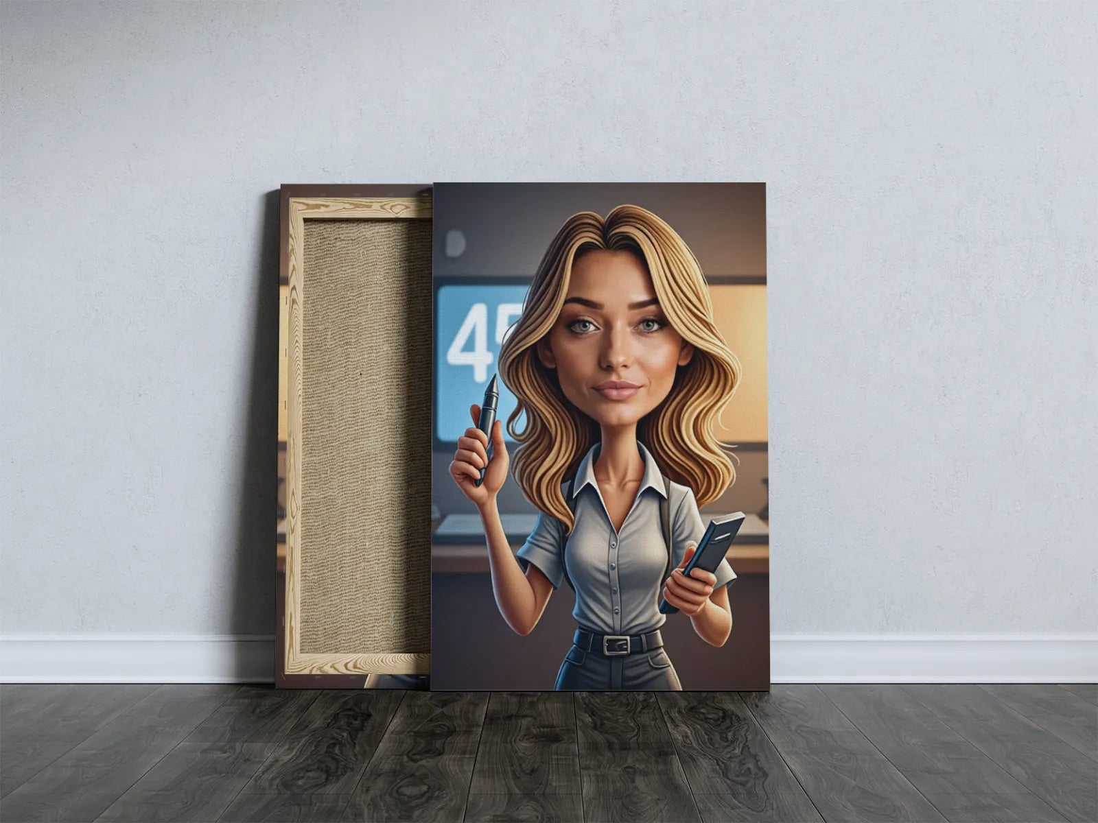 Karykatura sekretarki zabawny prezent na urodziny, cartoon canvas print of blonde woman with pen and smartphone
