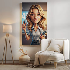 Vertikalny plakat z kreskówkową kobietą z blond włosami trzymającą długopis i telefon
