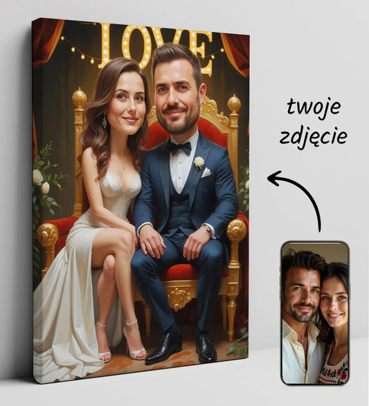 Karykatura ślubna pary młodej w kolorze, zabawny portret w stylu caricature