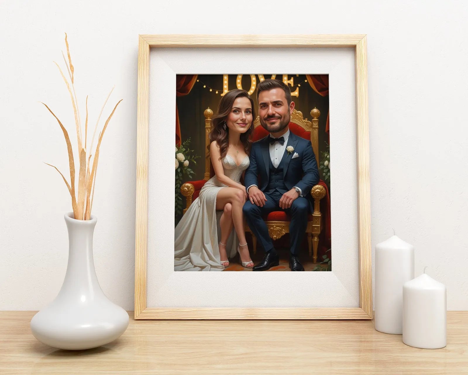 Framed caricature portrait of a newlywed couple in Karykatura ślubna pary młodej