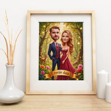 Framed caricature portrait of a bride and groom in a fairy-tale forest style