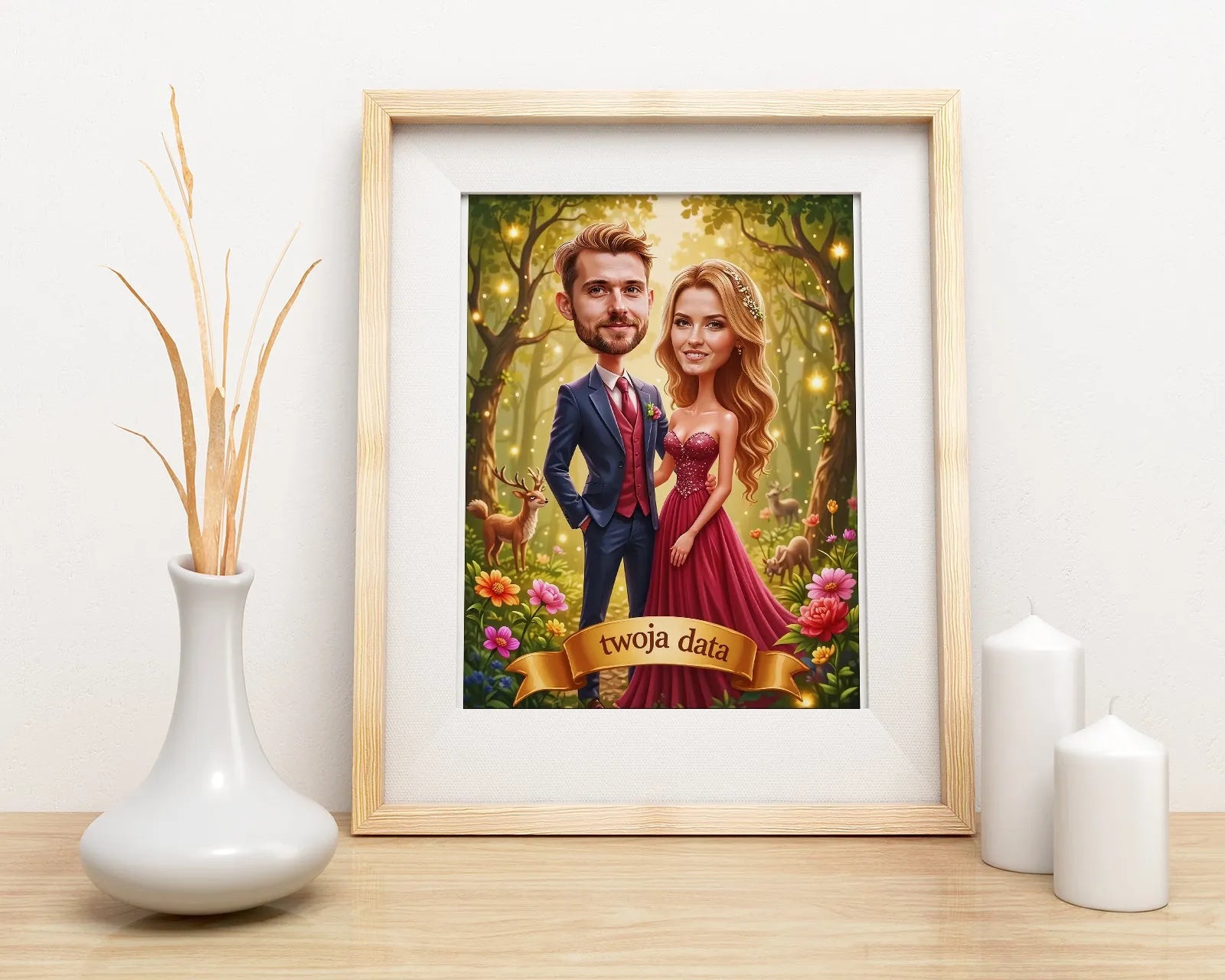 Framed caricature portrait of a bride and groom in a fairy-tale forest style
