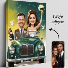 Podpis na canvasie z karykaturą ślubną pary młodej w samochodzie