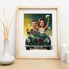 Framed wedding caricature print of the bride and groom in a car for Karykatura ślubna pary młodej