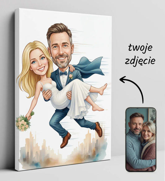 Karykatura ślubna pary młodej: pan młody niesie pannę młodą w tle miasta