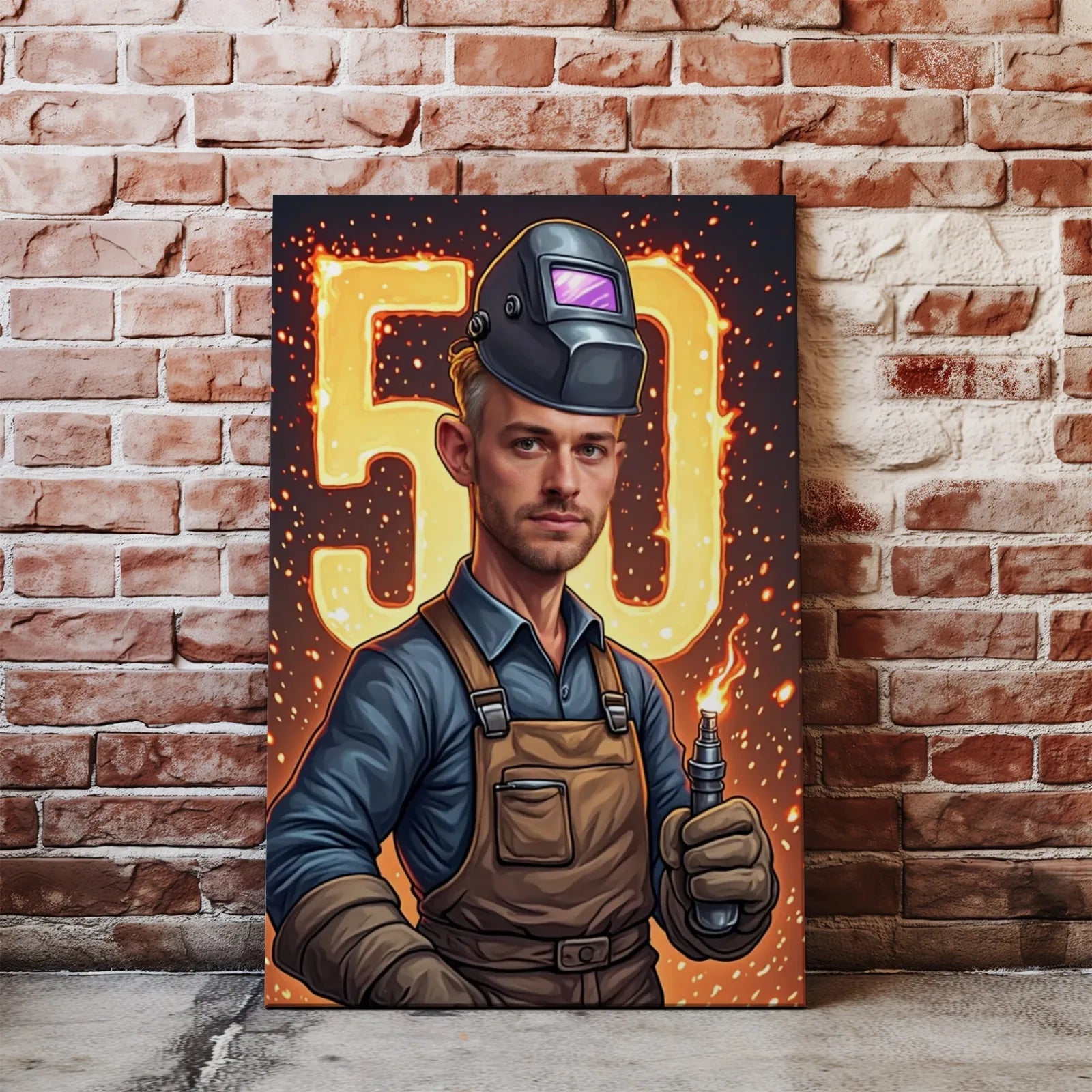 Welder-themed birthday canvas art Karykatura spawacza na urodziny