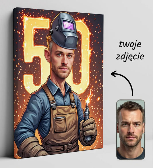 Spersonalizowany portret spawacza na płótnie na urodziny Karykatura spawacza