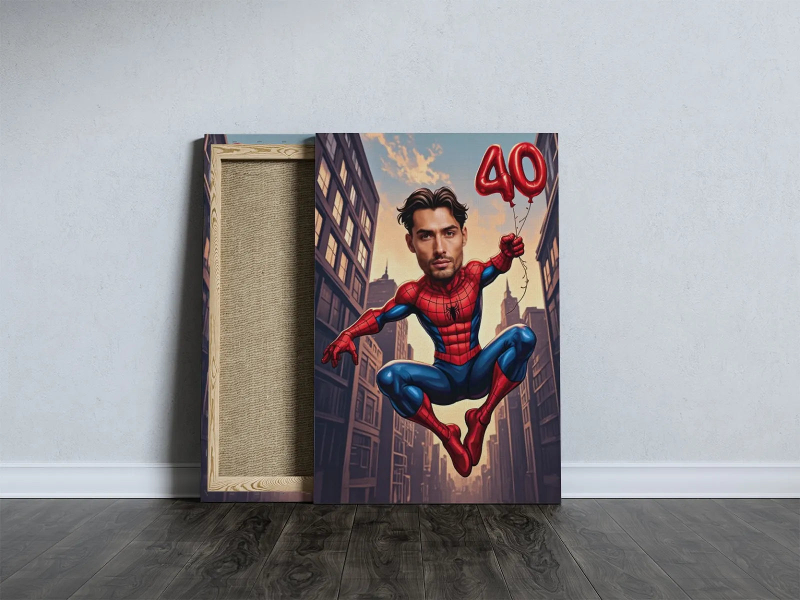 Caricatura Spidermana na płótnie z Twoją twarzą, idealny prezent urodzinowy