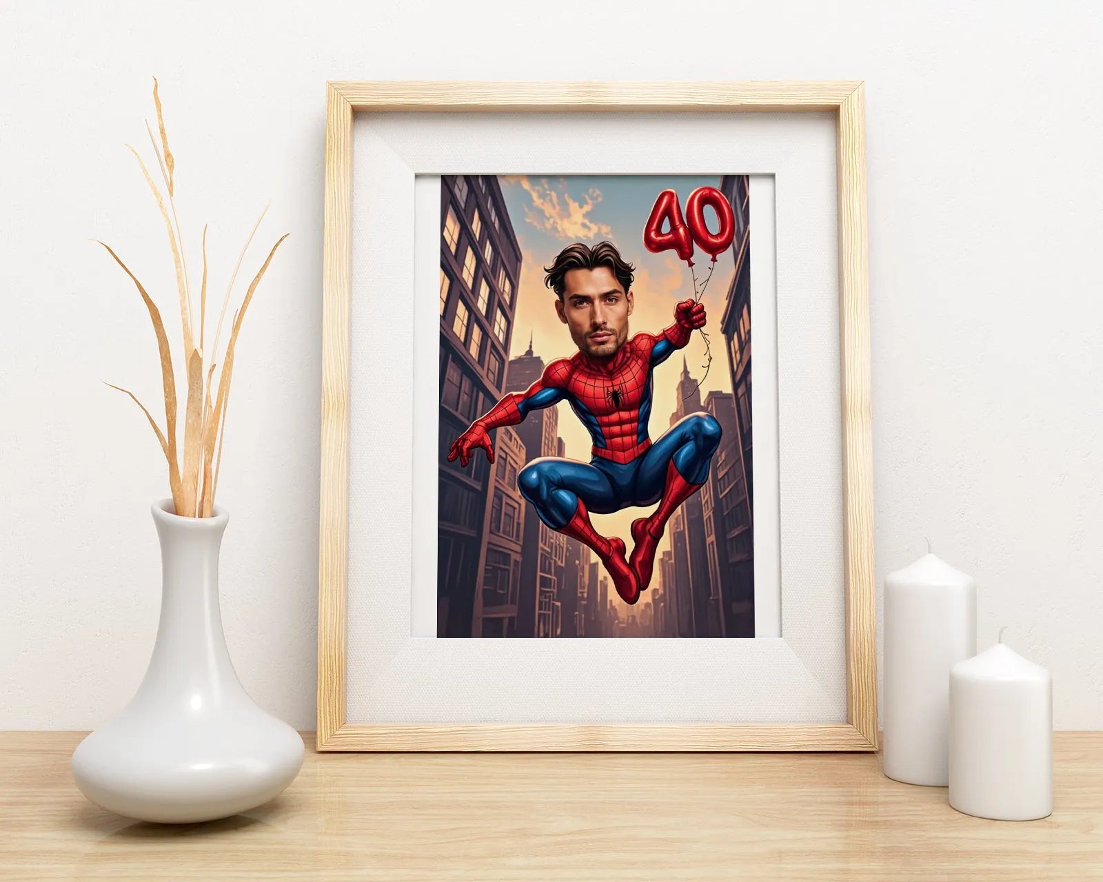 Framed Spider-Man caricature print with personalized face, ideal birthday gift