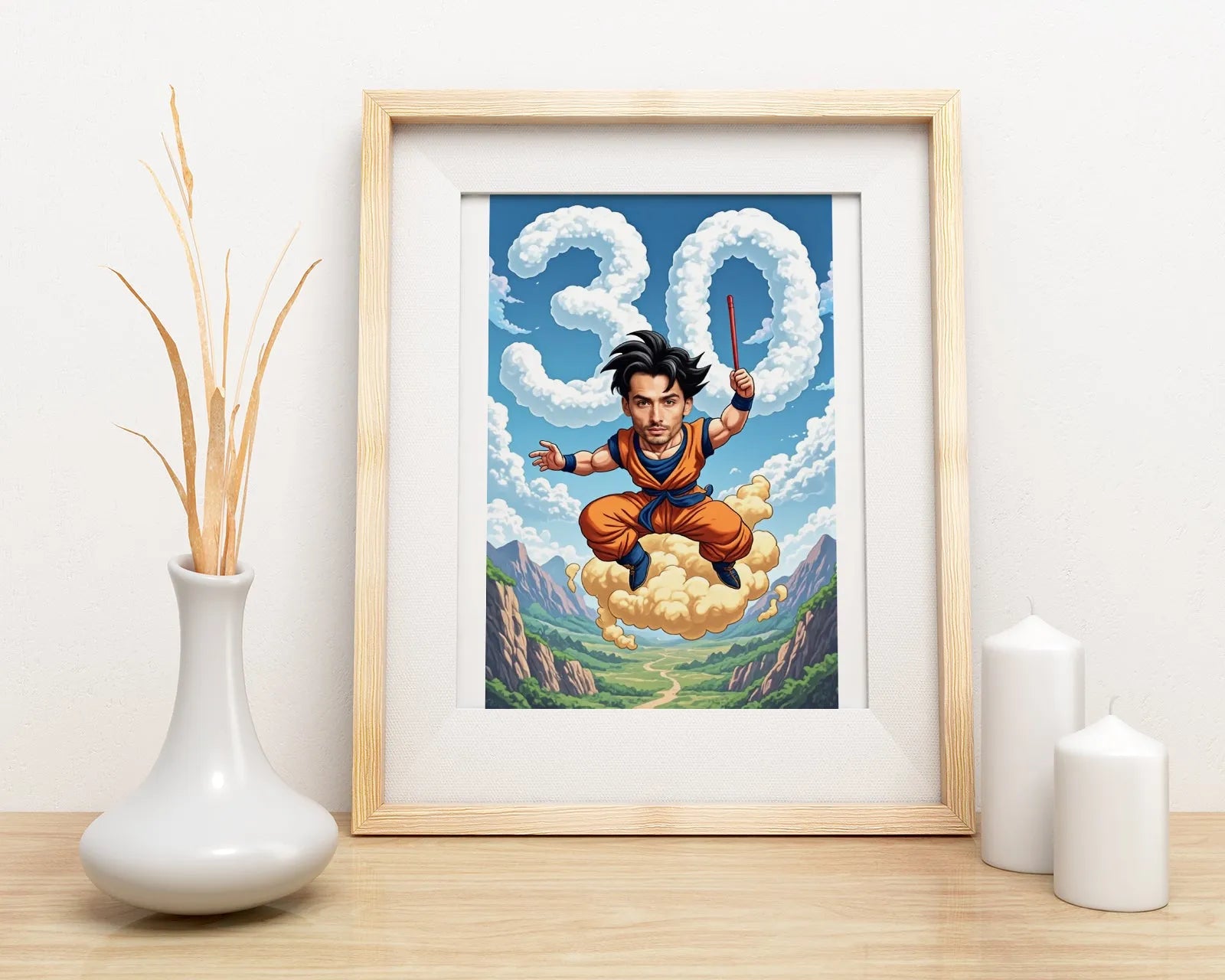Framed cartoon birthday art for Dragon Ball anime fan gift in Karykatura style