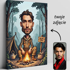Caricature na płótnie przedstawiająca survivalowca idealny prezent na 50 urodziny fana bushcraftu
