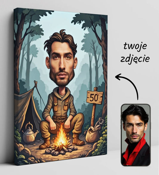 Caricature na płótnie przedstawiająca survivalowca idealny prezent na 50 urodziny fana bushcraftu