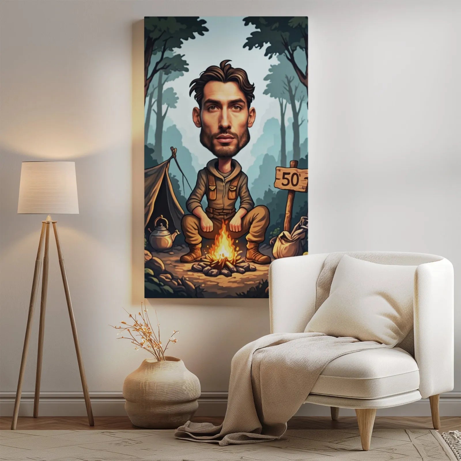 Cartoonish camping portrait idealny prezent na 50. urodziny fana Bushcraftu